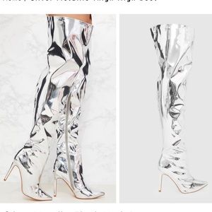 PrettyLittleThing Silver Metallic Thigh High Boots